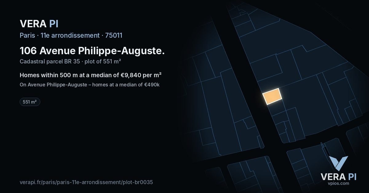 106 Avenue Philippe-Auguste, 11e arrondissement at night – the plot lit, the parcels around coloured by the prices near them