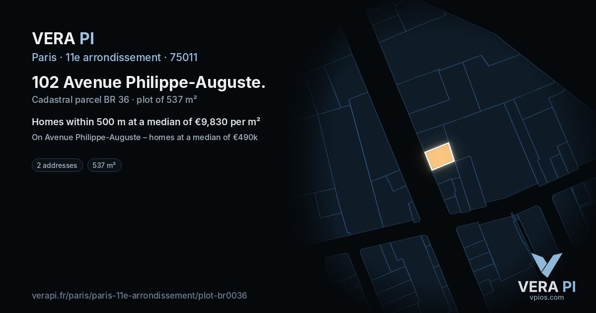 102 Avenue Philippe-Auguste, 11e arrondissement at night – the plot lit, the parcels around coloured by the prices near them