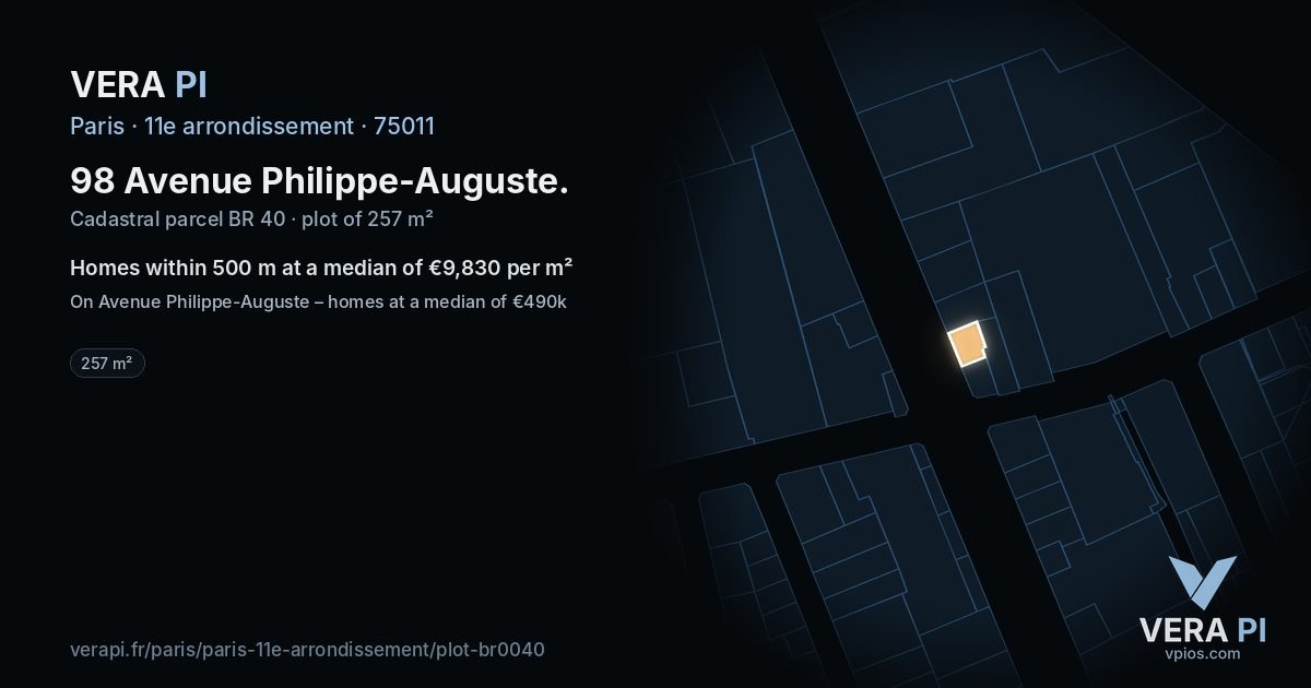 98 Avenue Philippe-Auguste, 11e arrondissement at night – the plot lit, the parcels around coloured by the prices near them