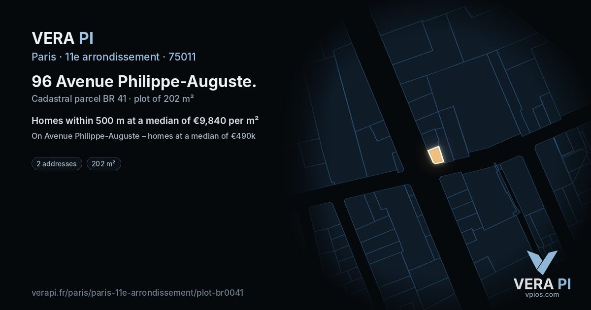 96 Avenue Philippe-Auguste, 11e arrondissement at night – the plot lit, the parcels around coloured by the prices near them