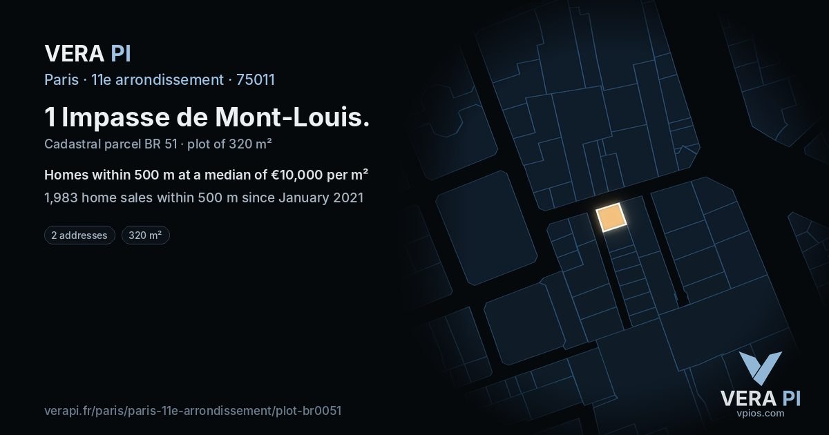 1 Impasse de Mont-Louis, 11e arrondissement at night – the plot lit, the parcels around coloured by the prices near them