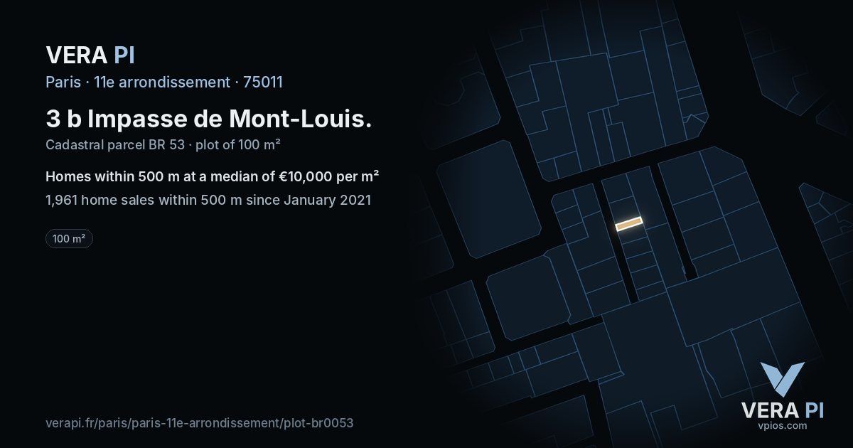 3 b Impasse de Mont-Louis, 11e arrondissement at night – the plot lit, the parcels around coloured by the prices near them