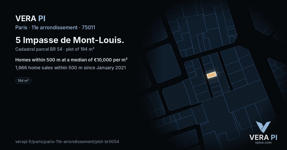 5 Impasse de Mont-Louis, 11e arrondissement at night – the plot lit, the parcels around coloured by the prices near them