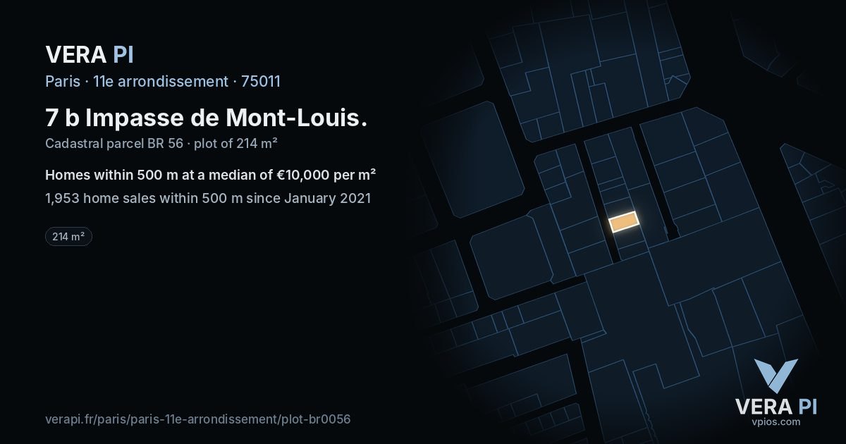 7 b Impasse de Mont-Louis, 11e arrondissement at night – the plot lit, the parcels around coloured by the prices near them