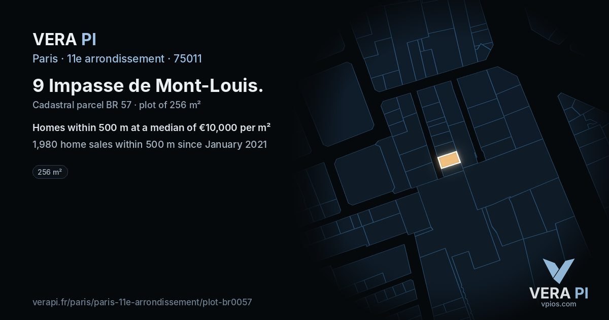 9 Impasse de Mont-Louis, 11e arrondissement at night – the plot lit, the parcels around coloured by the prices near them