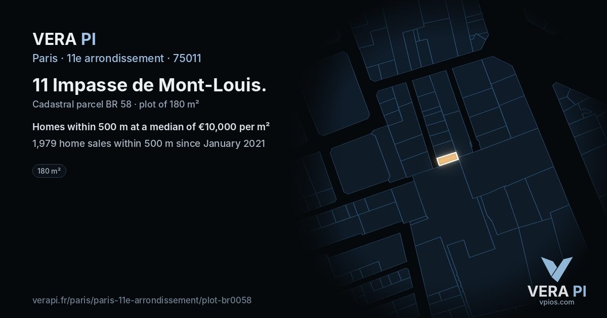 11 Impasse de Mont-Louis, 11e arrondissement at night – the plot lit, the parcels around coloured by the prices near them