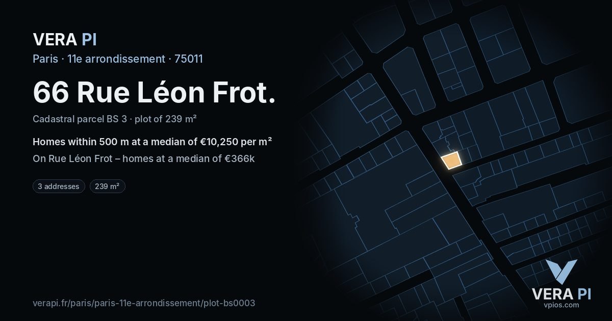 66 Rue Léon Frot, 11e arrondissement at night – the plot lit, the parcels around coloured by the prices near them