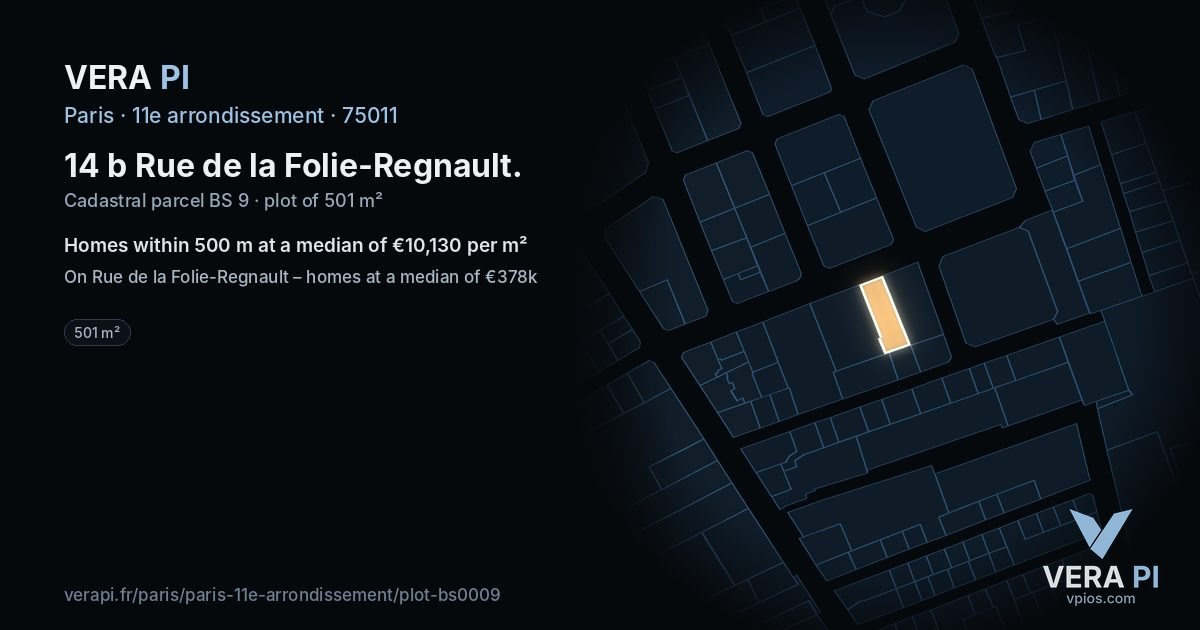 14 b Rue de la Folie-Regnault, 11e arrondissement at night – the plot lit, the parcels around coloured by the prices near them