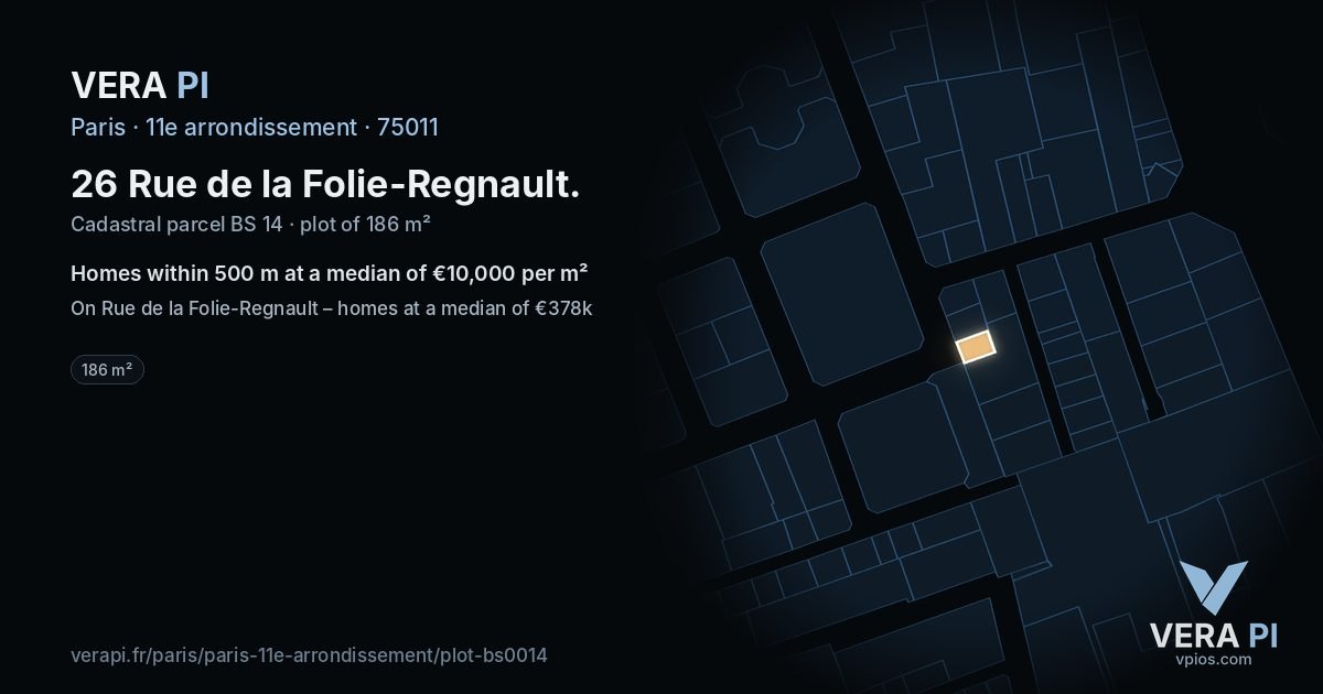 26 Rue de la Folie-Regnault, 11e arrondissement at night – the plot lit, the parcels around coloured by the prices near them