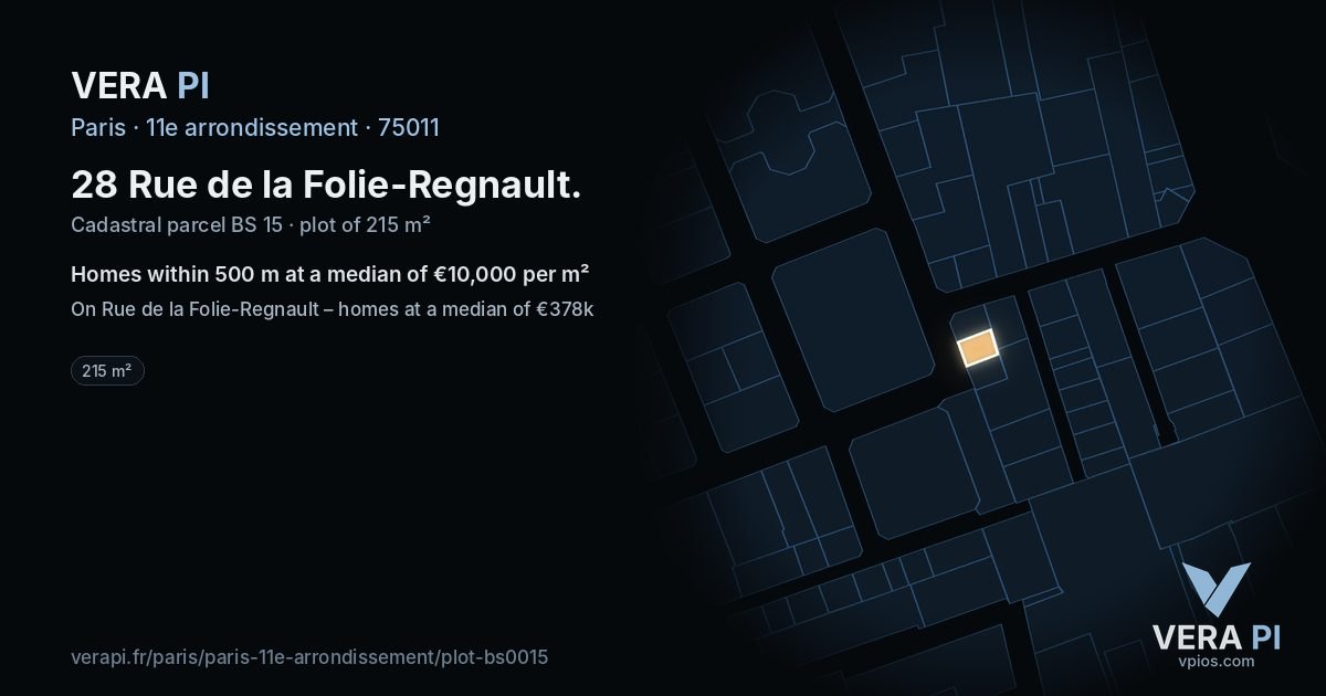 28 Rue de la Folie-Regnault, 11e arrondissement at night – the plot lit, the parcels around coloured by the prices near them