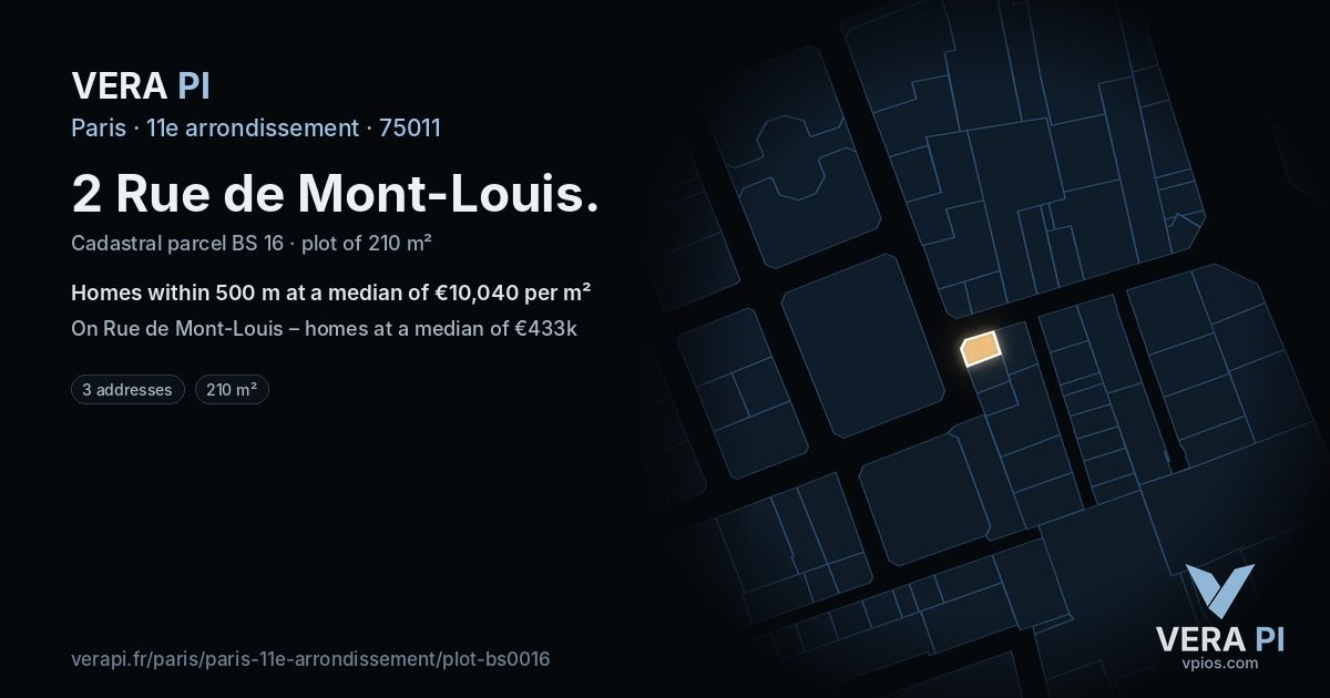2 Rue de Mont-Louis, 11e arrondissement at night – the plot lit, the parcels around coloured by the prices near them