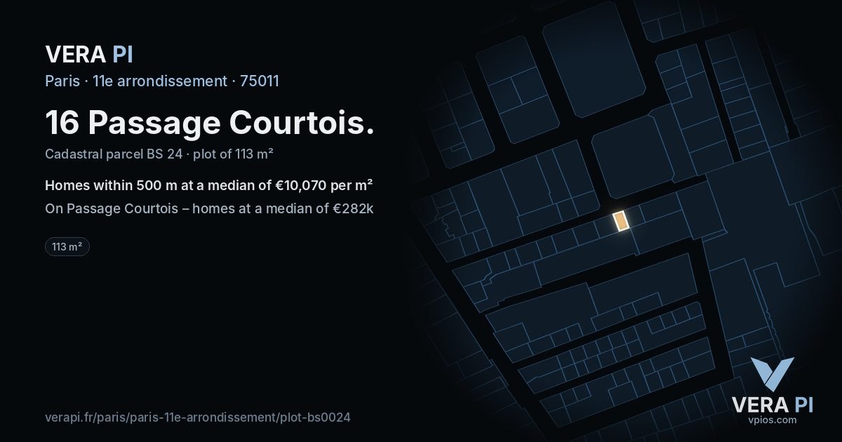 16 Passage Courtois, 11e arrondissement at night – the plot lit, the parcels around coloured by the prices near them
