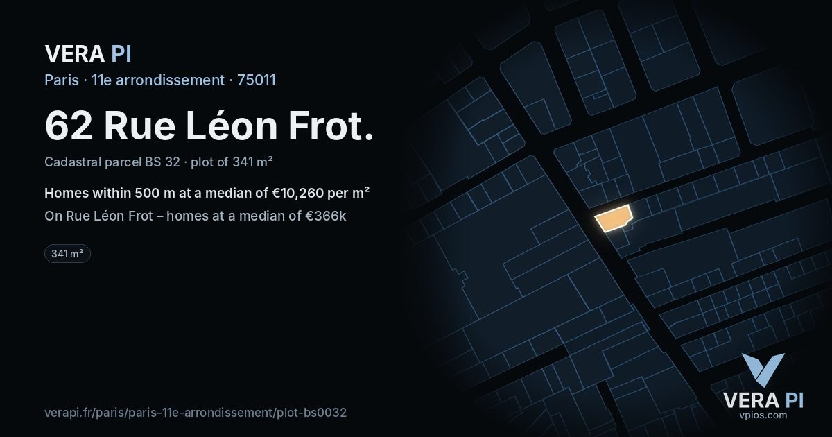 62 Rue Léon Frot, 11e arrondissement at night – the plot lit, the parcels around coloured by the prices near them