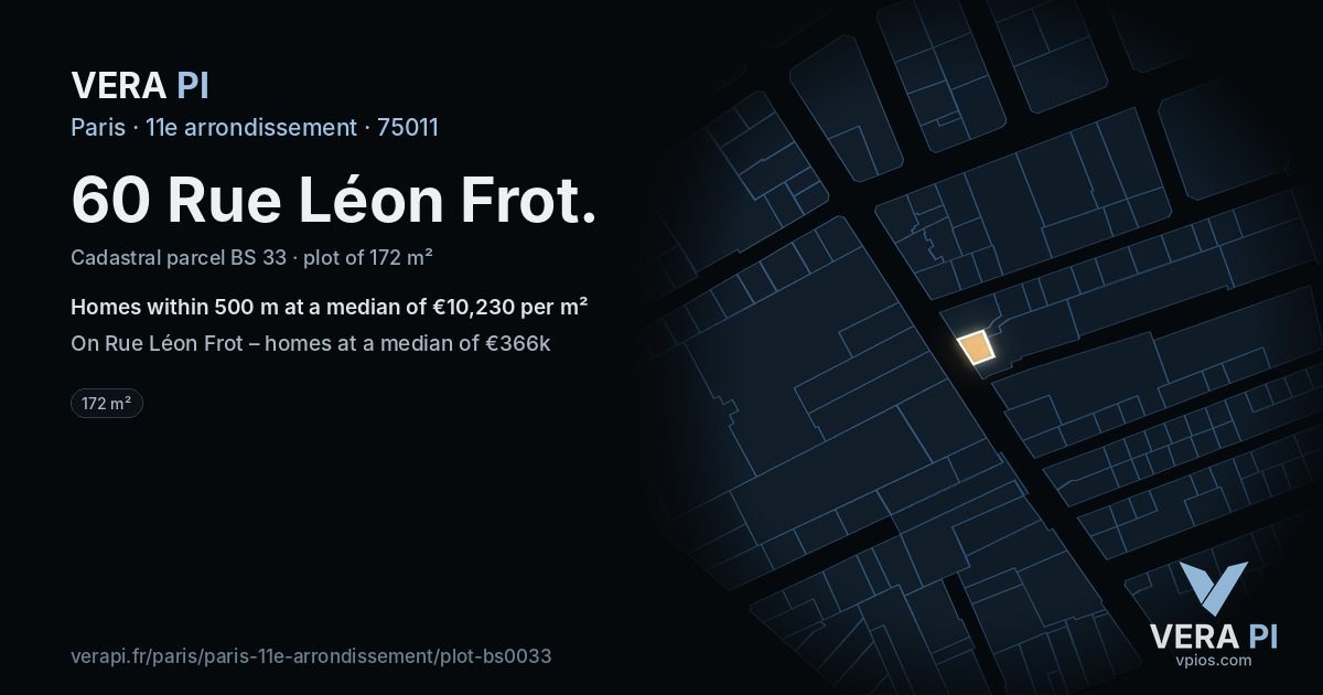 60 Rue Léon Frot, 11e arrondissement at night – the plot lit, the parcels around coloured by the prices near them