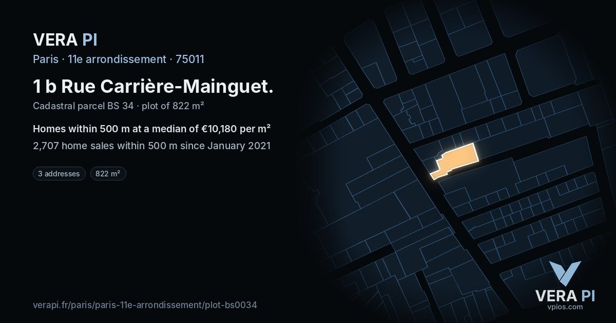 1 b Rue Carrière-Mainguet, 11e arrondissement at night – the plot lit, the parcels around coloured by the prices near them