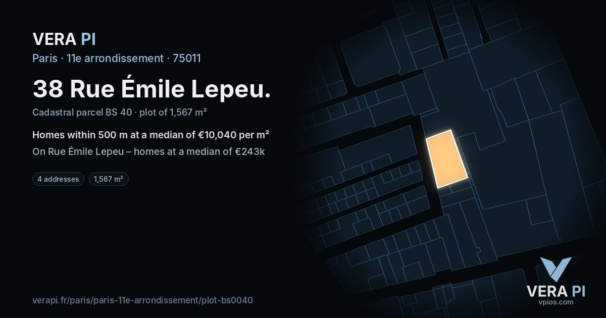 38 Rue Émile Lepeu, 11e arrondissement at night – the plot lit, the parcels around coloured by the prices near them