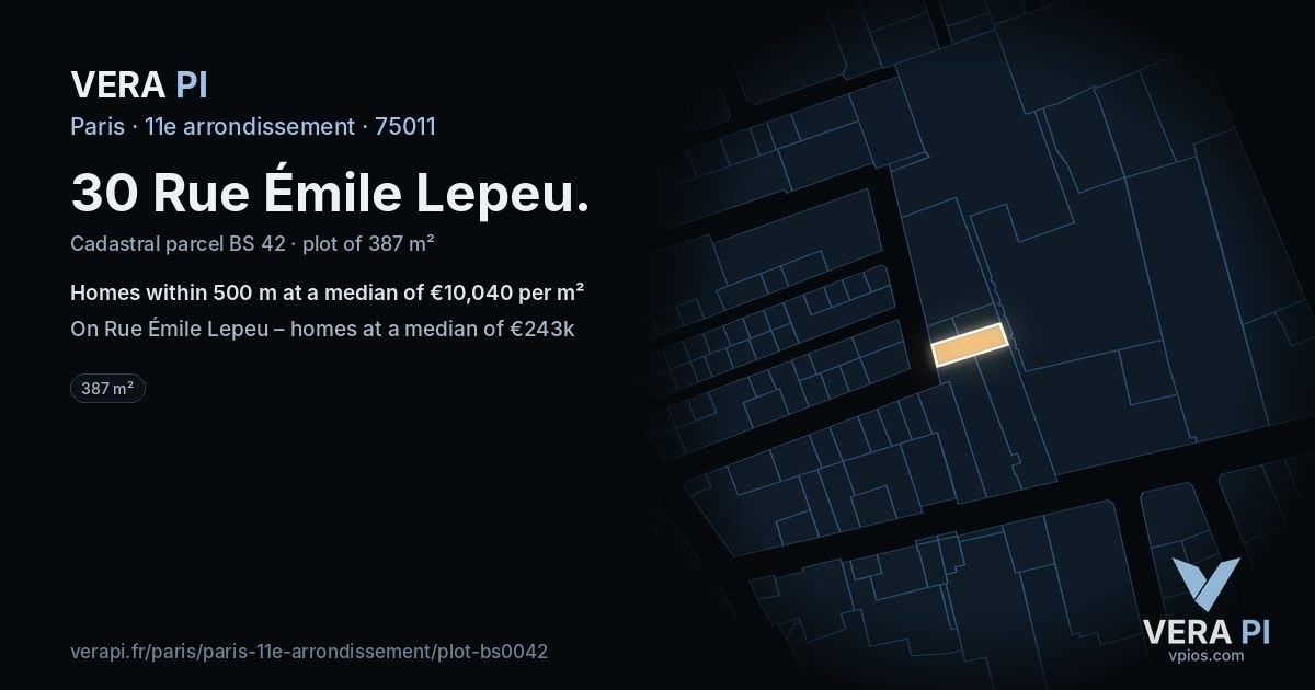 30 Rue Émile Lepeu, 11e arrondissement at night – the plot lit, the parcels around coloured by the prices near them