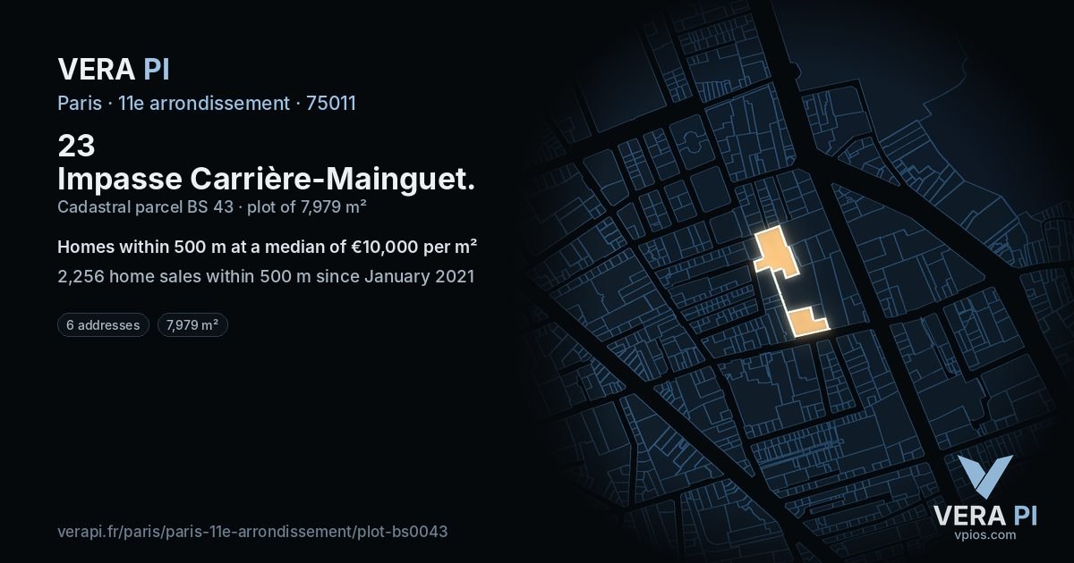 23 Impasse Carrière-Mainguet, 11e arrondissement at night – the plot lit, the parcels around coloured by the prices near them