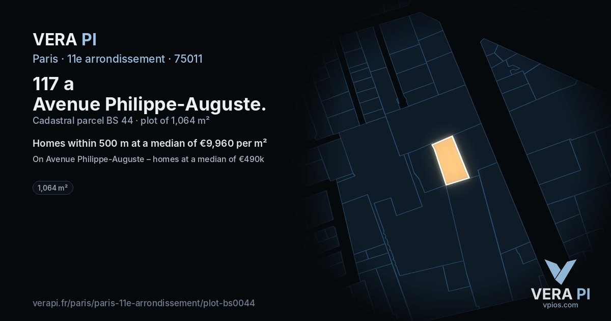 117 a Avenue Philippe-Auguste, 11e arrondissement at night – the plot lit, the parcels around coloured by the prices near them