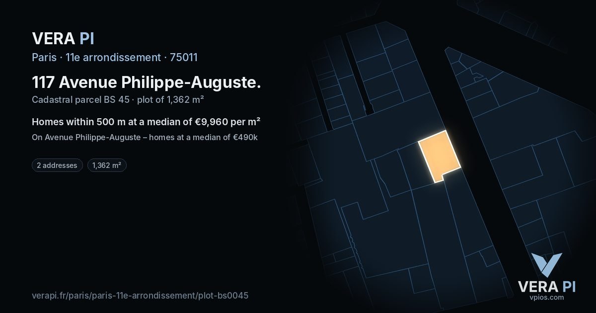 117 Avenue Philippe-Auguste, 11e arrondissement at night – the plot lit, the parcels around coloured by the prices near them