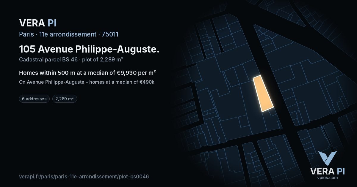 105 Avenue Philippe-Auguste, 11e arrondissement at night – the plot lit, the parcels around coloured by the prices near them