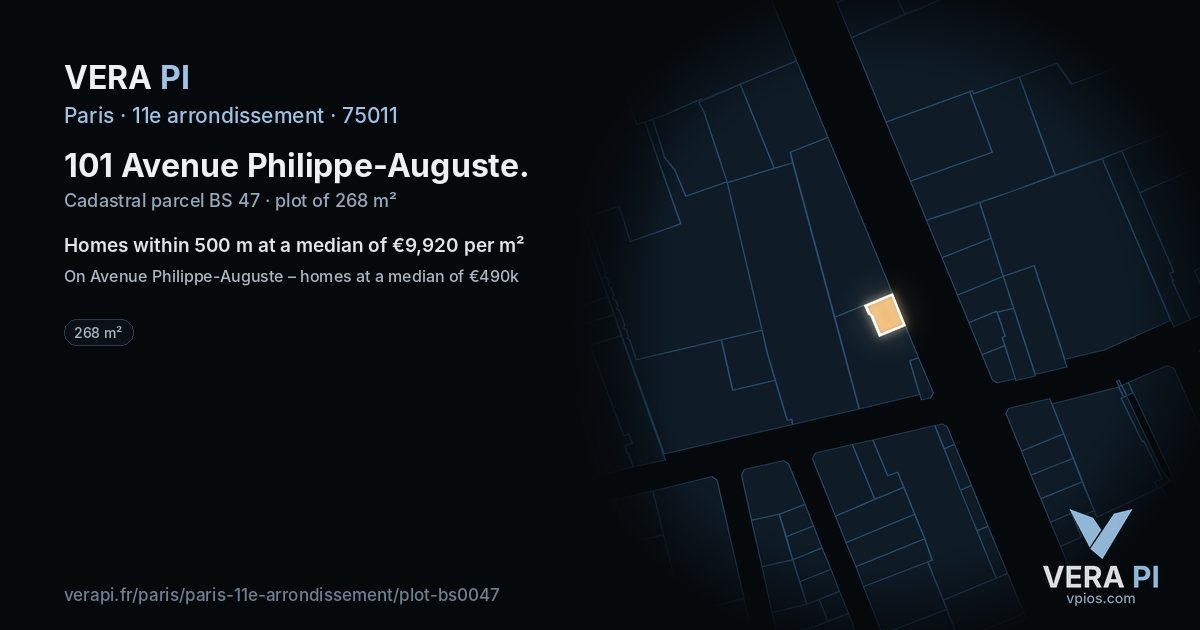 101 Avenue Philippe-Auguste, 11e arrondissement at night – the plot lit, the parcels around coloured by the prices near them