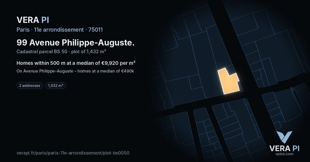 99 Avenue Philippe-Auguste, 11e arrondissement at night – the plot lit, the parcels around coloured by the prices near them
