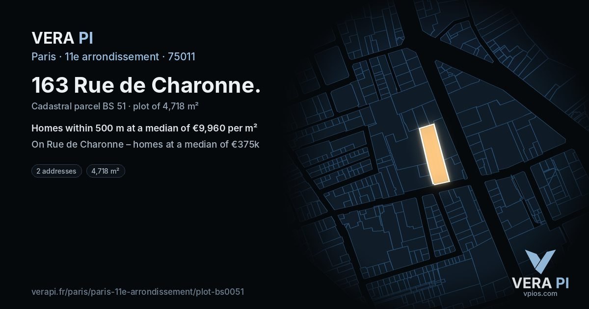 163 Rue de Charonne, 11e arrondissement at night – the plot lit, the parcels around coloured by the prices near them