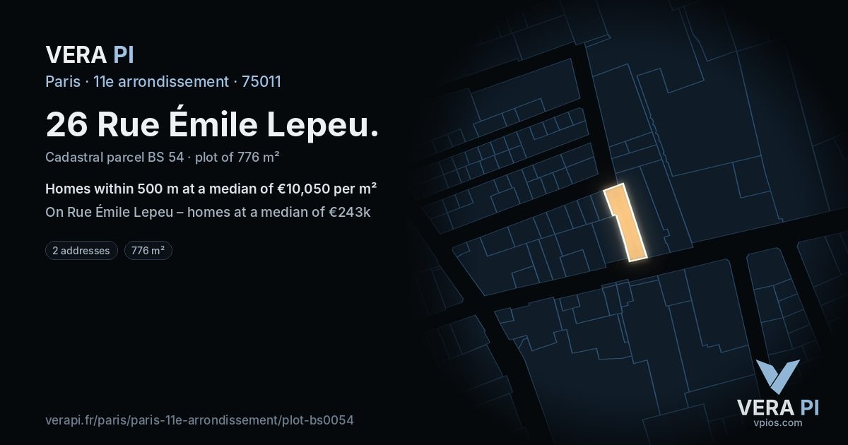 26 Rue Émile Lepeu, 11e arrondissement at night – the plot lit, the parcels around coloured by the prices near them