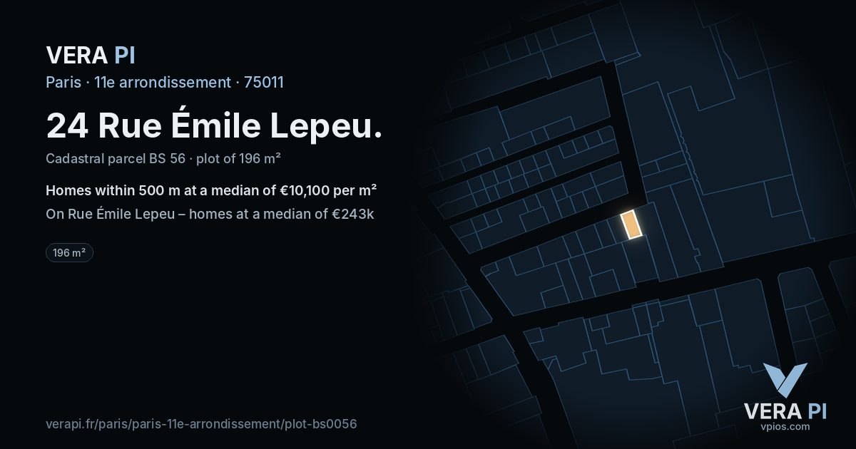 24 Rue Émile Lepeu, 11e arrondissement at night – the plot lit, the parcels around coloured by the prices near them