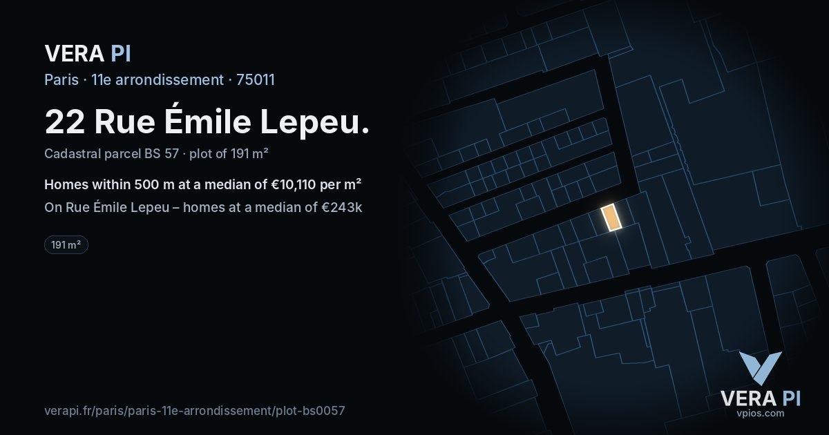 22 Rue Émile Lepeu, 11e arrondissement at night – the plot lit, the parcels around coloured by the prices near them