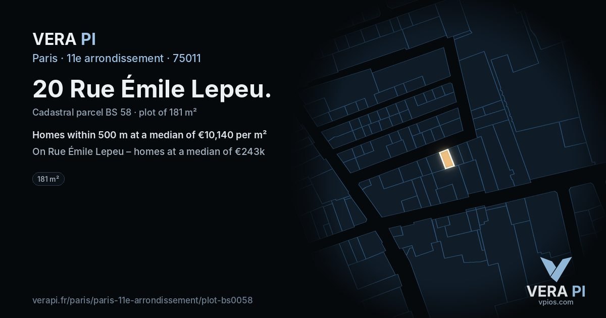 20 Rue Émile Lepeu, 11e arrondissement at night – the plot lit, the parcels around coloured by the prices near them