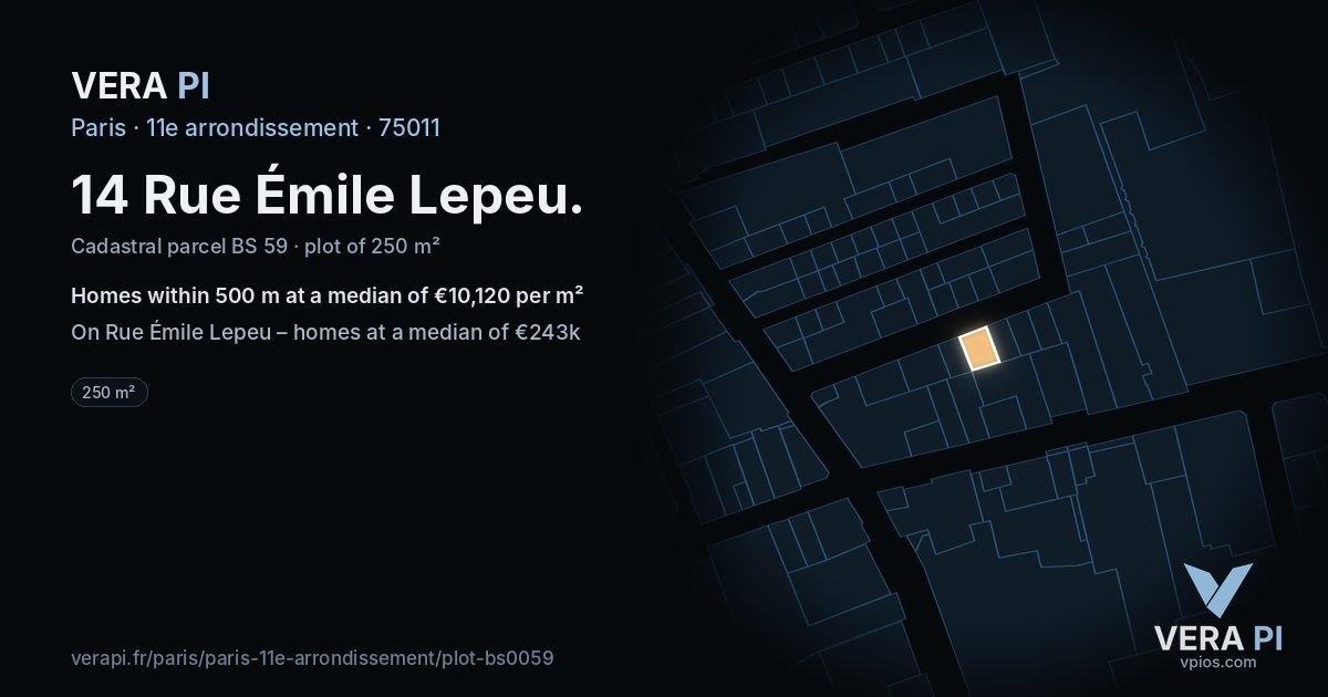 14 Rue Émile Lepeu, 11e arrondissement at night – the plot lit, the parcels around coloured by the prices near them