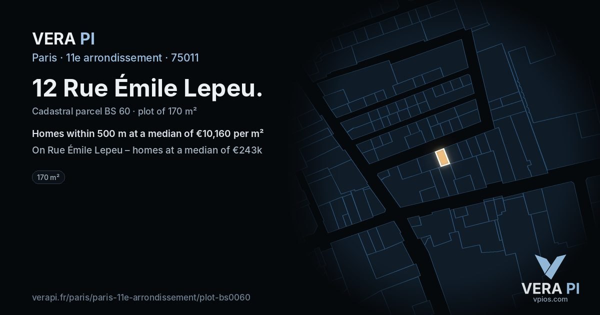12 Rue Émile Lepeu, 11e arrondissement at night – the plot lit, the parcels around coloured by the prices near them
