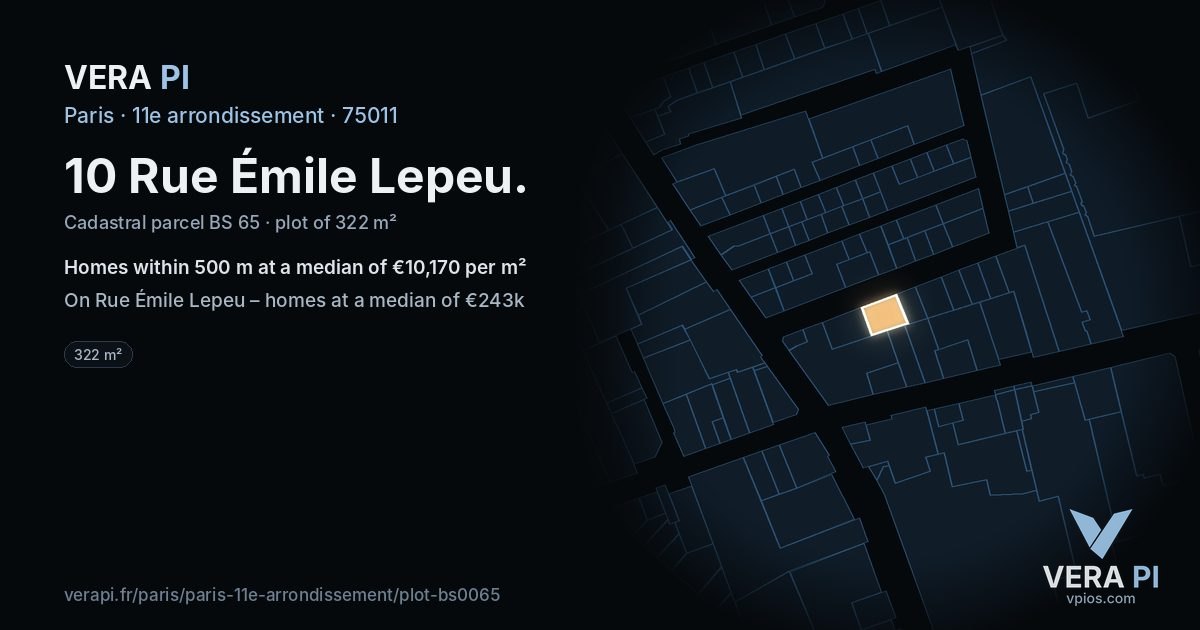 10 Rue Émile Lepeu, 11e arrondissement at night – the plot lit, the parcels around coloured by the prices near them