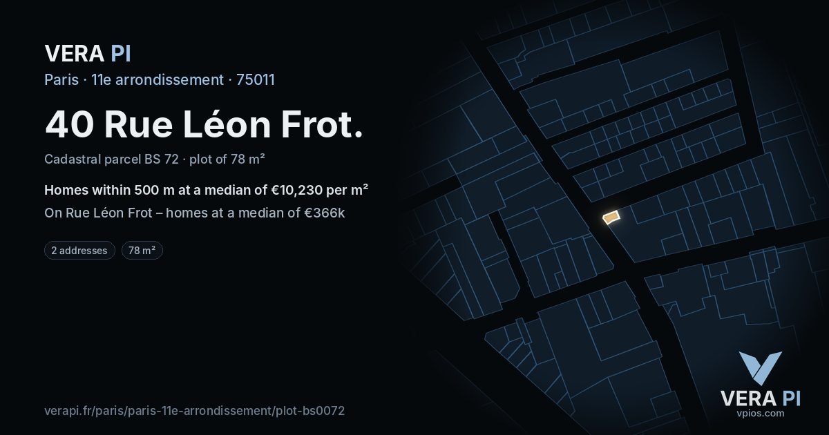 40 Rue Léon Frot, 11e arrondissement at night – the plot lit, the parcels around coloured by the prices near them