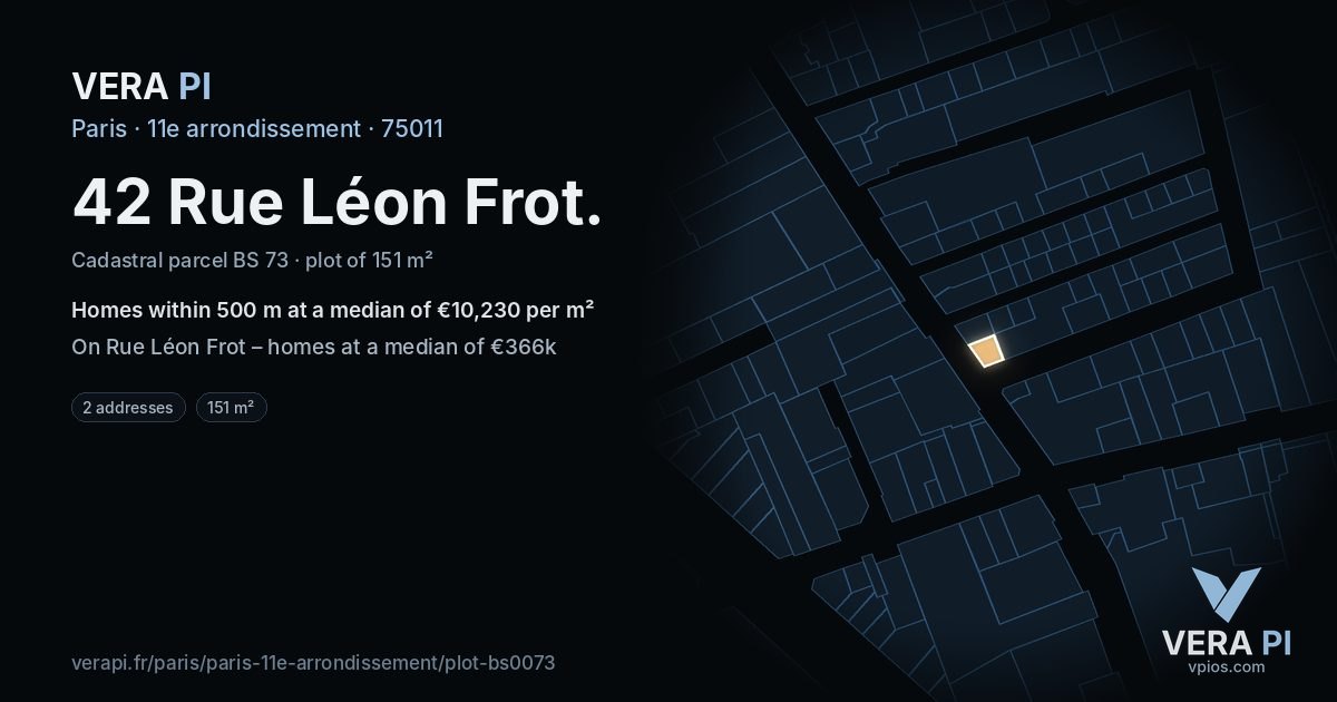 42 Rue Léon Frot, 11e arrondissement at night – the plot lit, the parcels around coloured by the prices near them