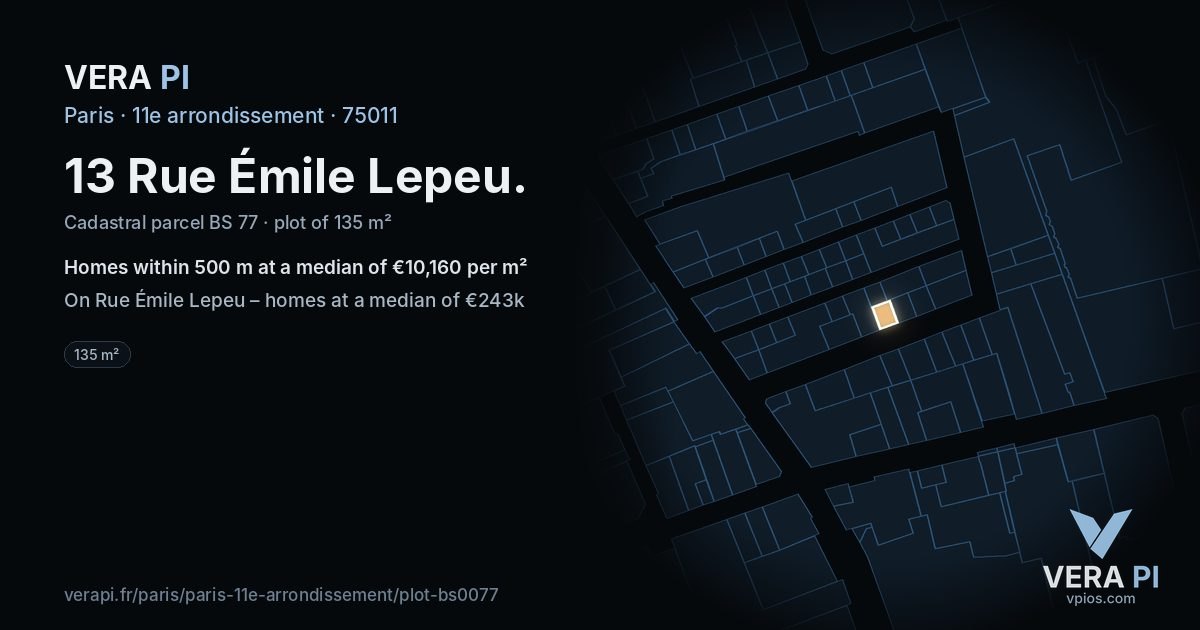 13 Rue Émile Lepeu, 11e arrondissement at night – the plot lit, the parcels around coloured by the prices near them
