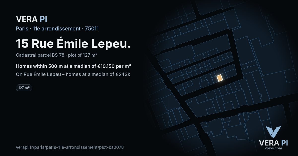 15 Rue Émile Lepeu, 11e arrondissement at night – the plot lit, the parcels around coloured by the prices near them