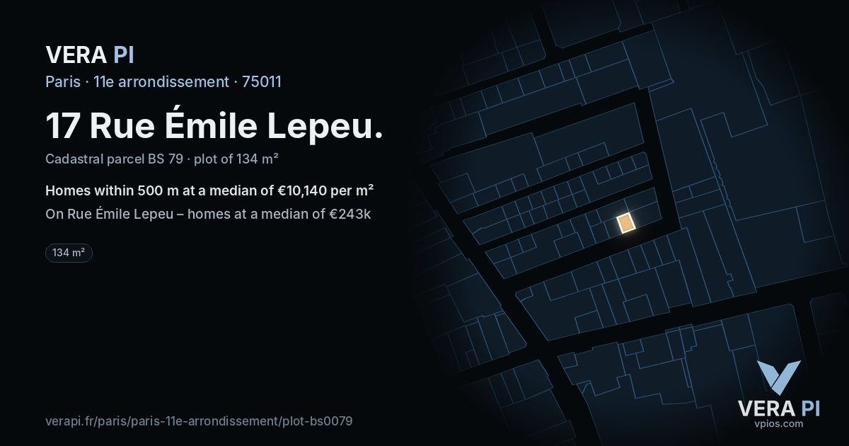 17 Rue Émile Lepeu, 11e arrondissement at night – the plot lit, the parcels around coloured by the prices near them