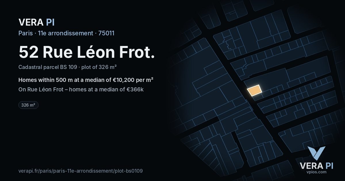 52 Rue Léon Frot, 11e arrondissement at night – the plot lit, the parcels around coloured by the prices near them
