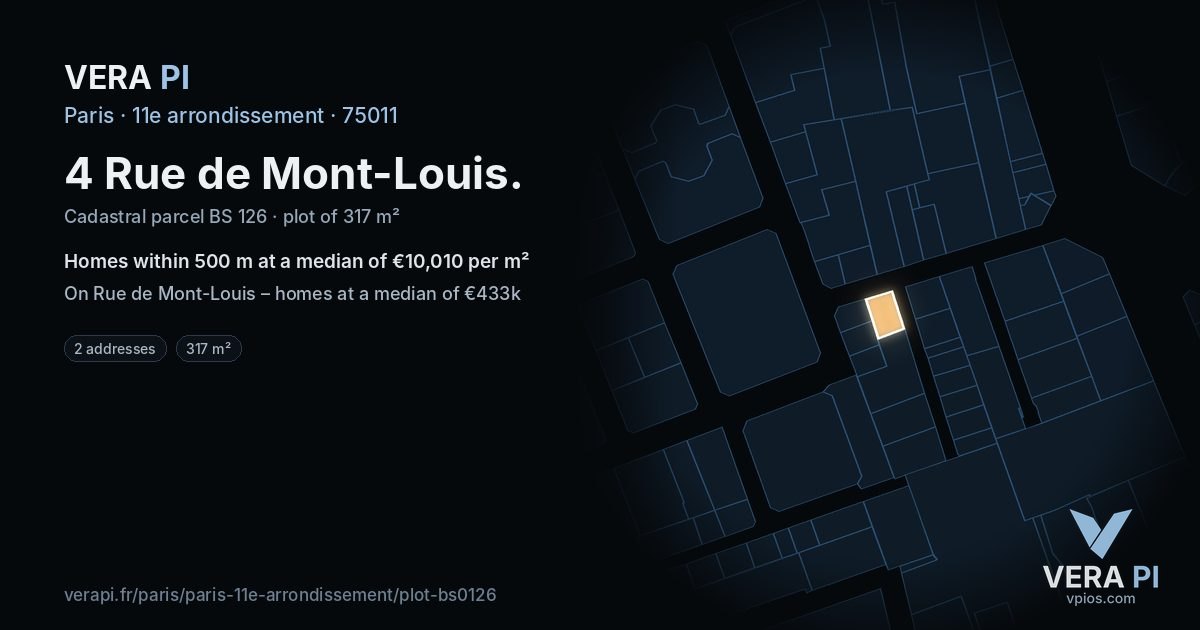 4 Rue de Mont-Louis, 11e arrondissement at night – the plot lit, the parcels around coloured by the prices near them