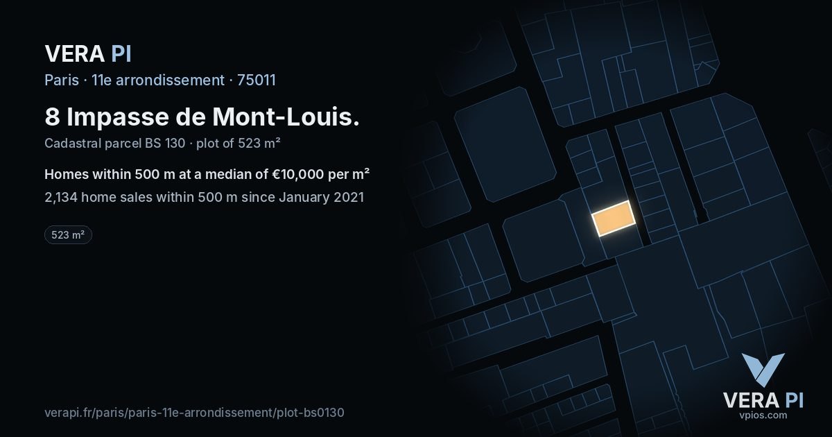 8 Impasse de Mont-Louis, 11e arrondissement at night – the plot lit, the parcels around coloured by the prices near them