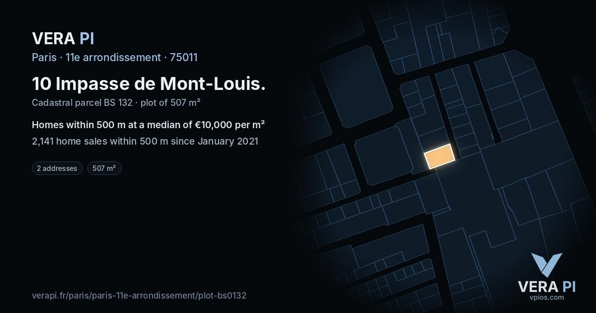 10 Impasse de Mont-Louis, 11e arrondissement at night – the plot lit, the parcels around coloured by the prices near them