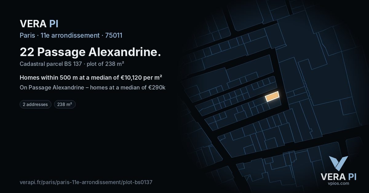 22 Passage Alexandrine, 11e arrondissement at night – the plot lit, the parcels around coloured by the prices near them