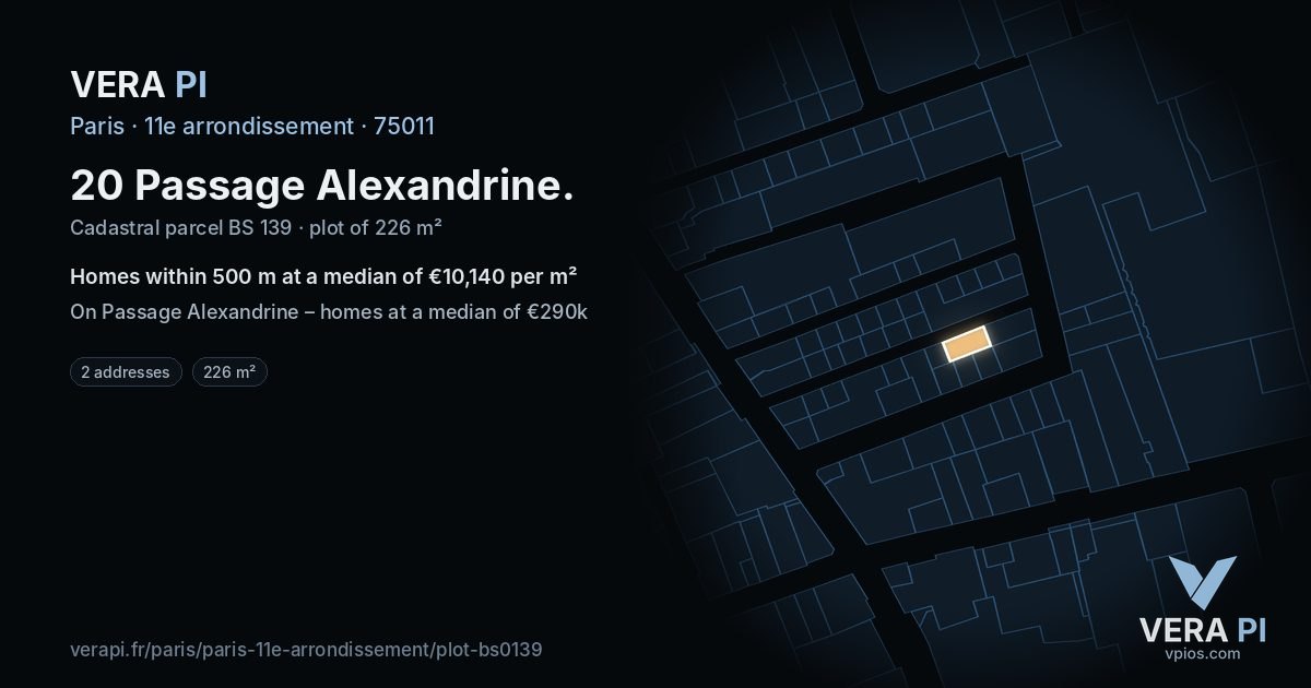 20 Passage Alexandrine, 11e arrondissement at night – the plot lit, the parcels around coloured by the prices near them
