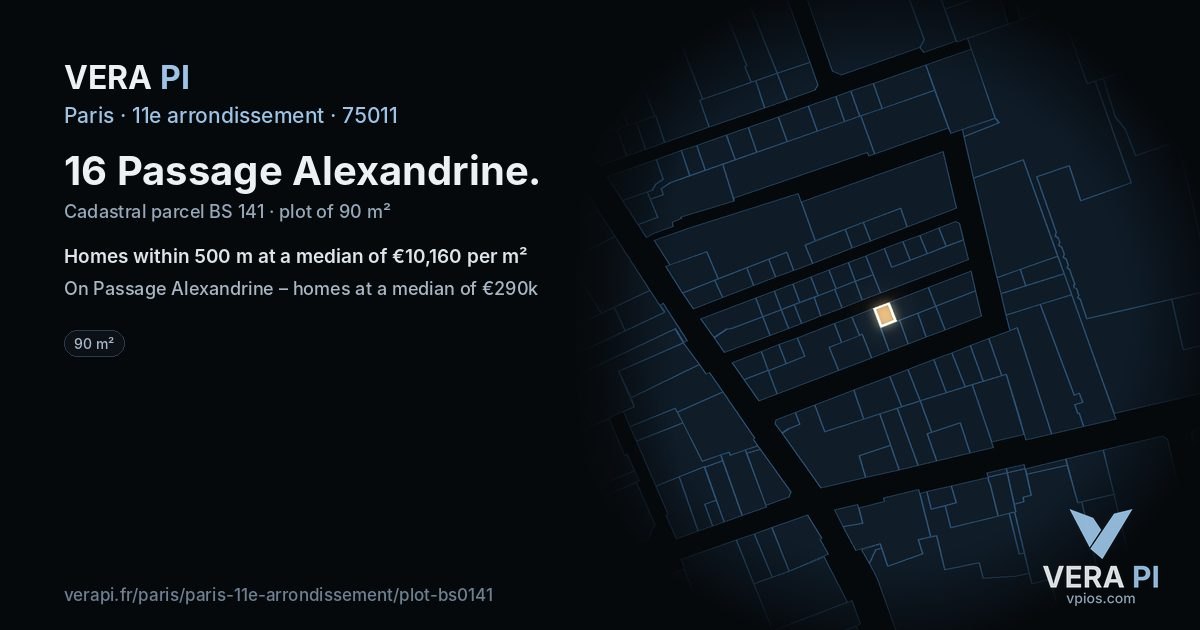 16 Passage Alexandrine, 11e arrondissement at night – the plot lit, the parcels around coloured by the prices near them