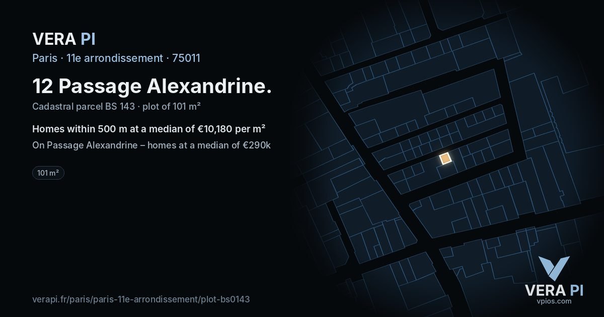 12 Passage Alexandrine, 11e arrondissement at night – the plot lit, the parcels around coloured by the prices near them