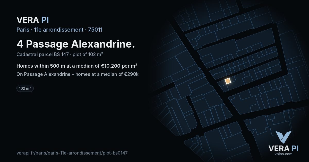 4 Passage Alexandrine, 11e arrondissement at night – the plot lit, the parcels around coloured by the prices near them