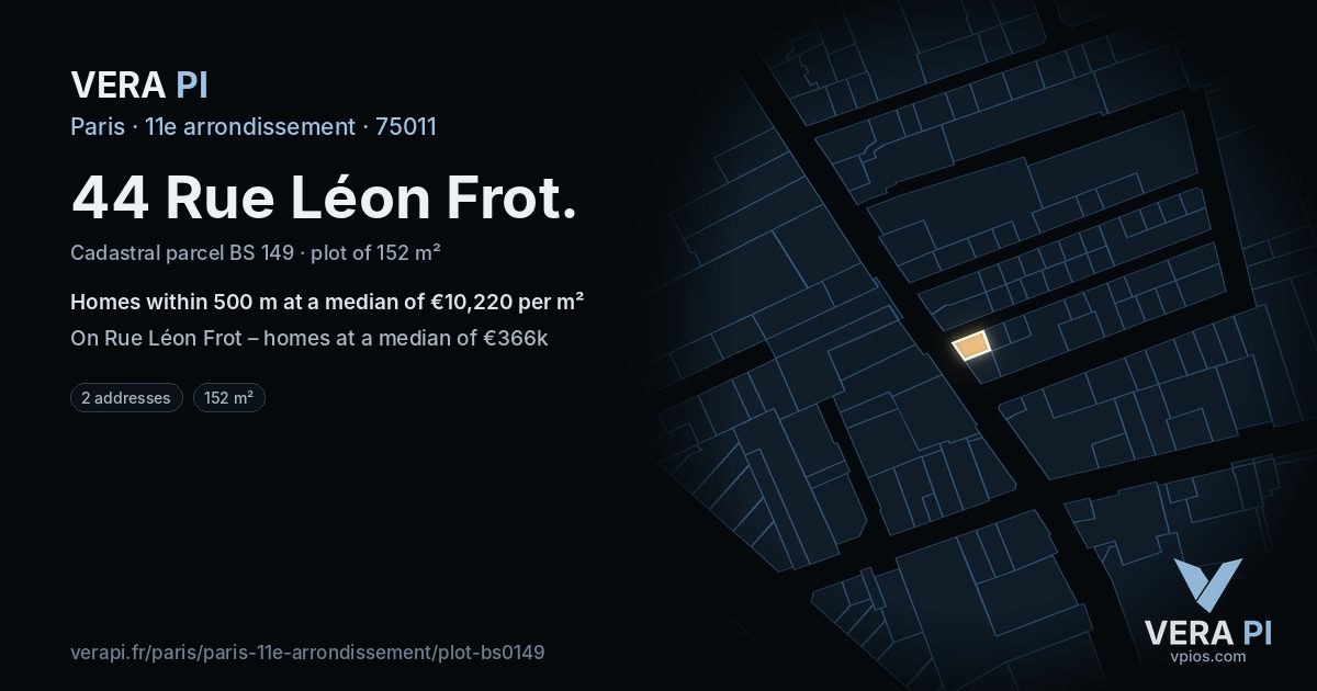 44 Rue Léon Frot, 11e arrondissement at night – the plot lit, the parcels around coloured by the prices near them